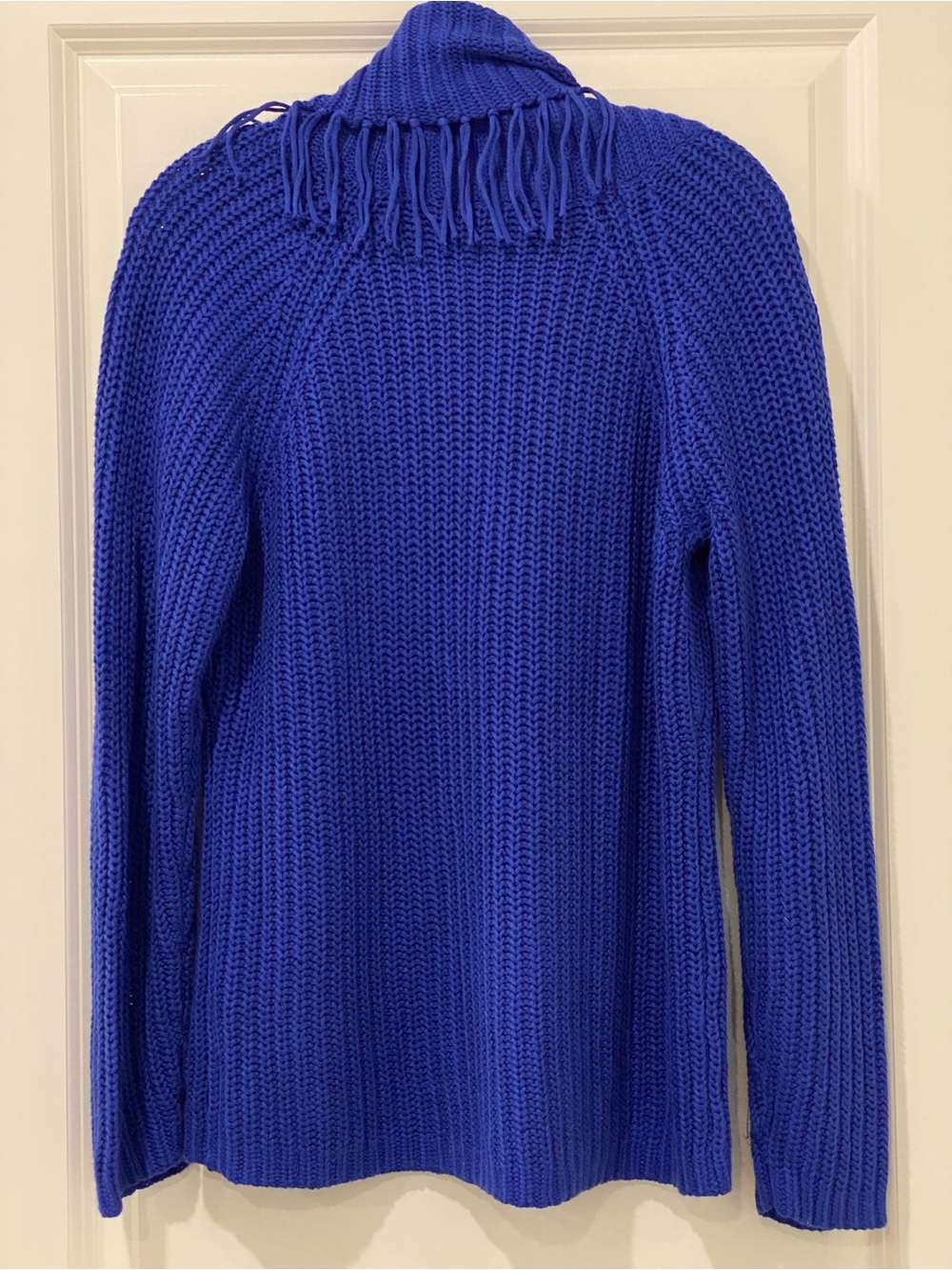 Chico’s Size 2 L Cobalt Blue Fringe Cowl Neck Chunky Knit Sweater - Picture 5 of 6